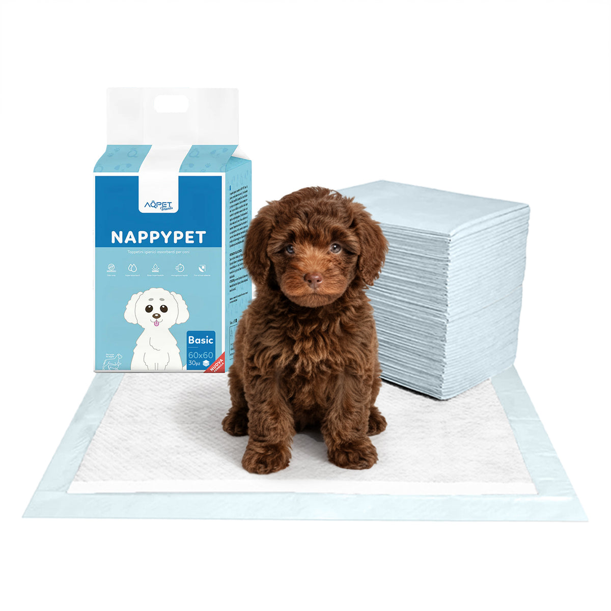 AQPET FRIENDS Tapis hygiéniques Basic, taille 30 pièces, pour chiens, ultra-absorbants, anti-odeurs, imperméables, pour l’apprentissage des chiots, l’hygiène à la maison et l’hygiène quotidienne