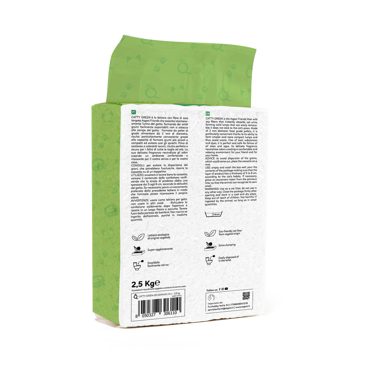 AQPET FRIENDS Catty Green litière à base de soja, parfum jasmin, 6LT, pour chats, ultra-absorbante, anti-odeurs, hygiène féline