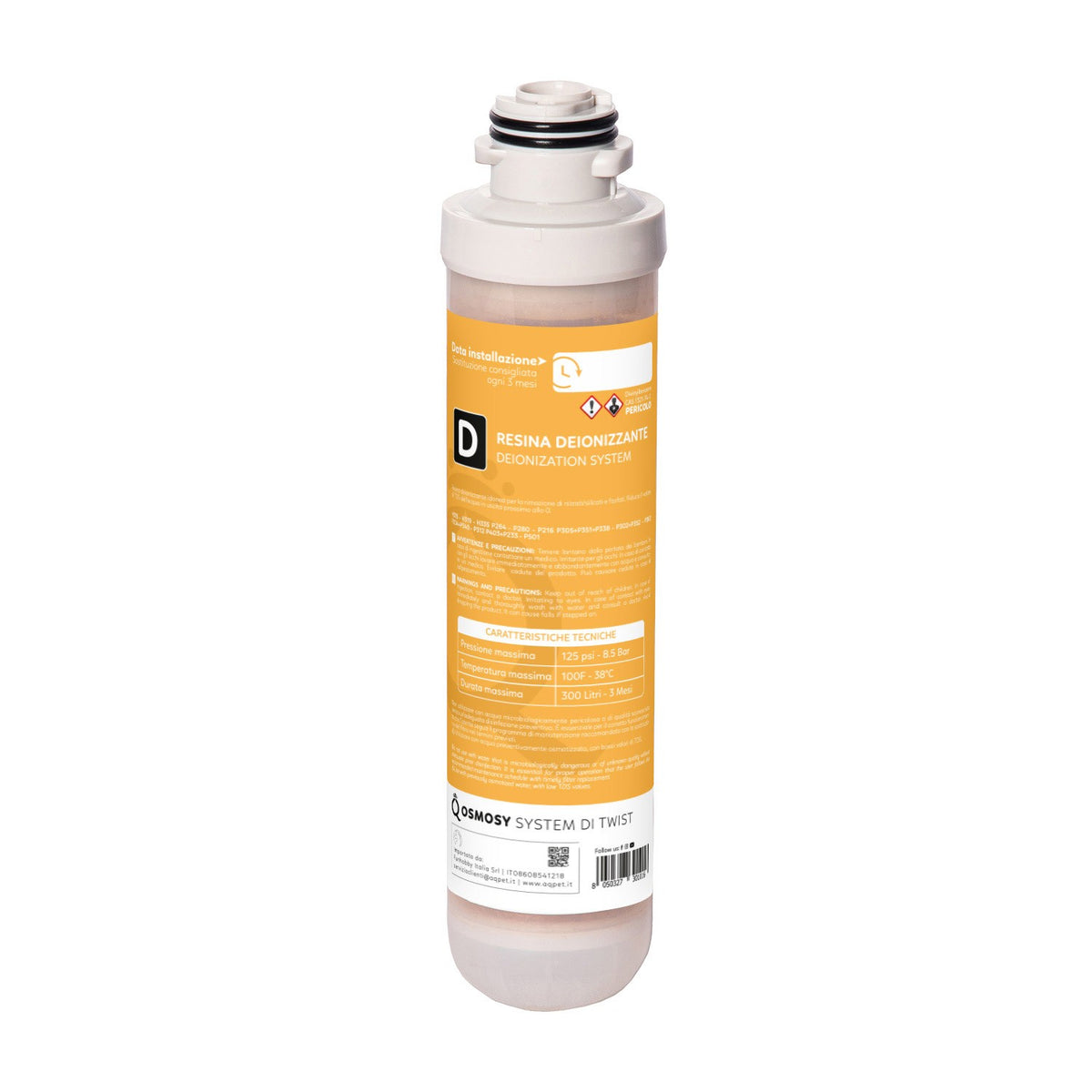 AQPET PIÈCE DE RECHANGE OSMOSE CARTOUCHE DE RÉSINE DÉIONISANTE POUR SYSTÈMES TWIST À DÉCONNEXION RAPIDE "D"