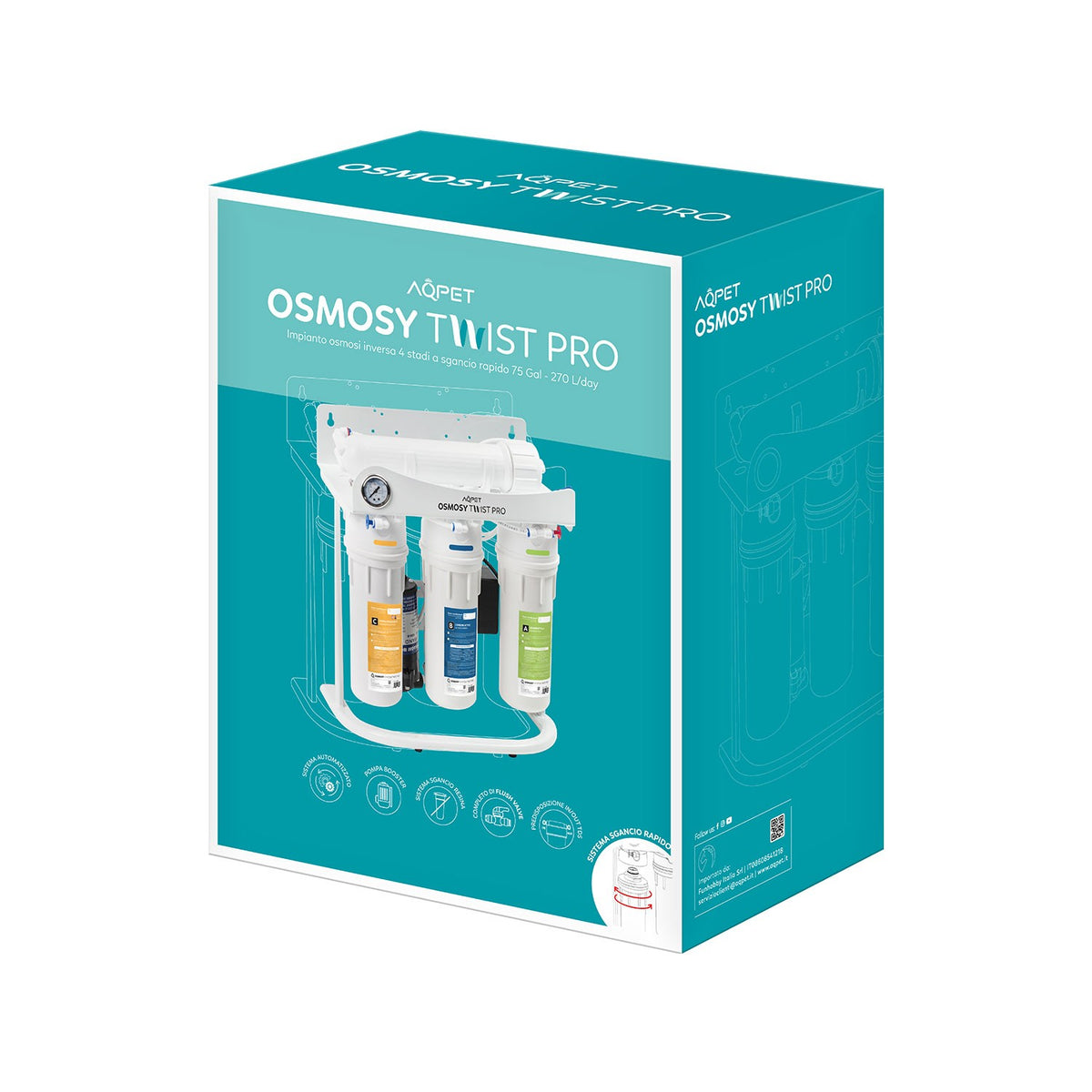 AQPET OSMOSY TWIST SYSTÈME D'OSMOSE INVERSE TWIST 4 PRO ÉTAPES 75 GALLONS VONTRON, NOUVEAU SYSTÈME DE DÉCONNEXION RAPIDE