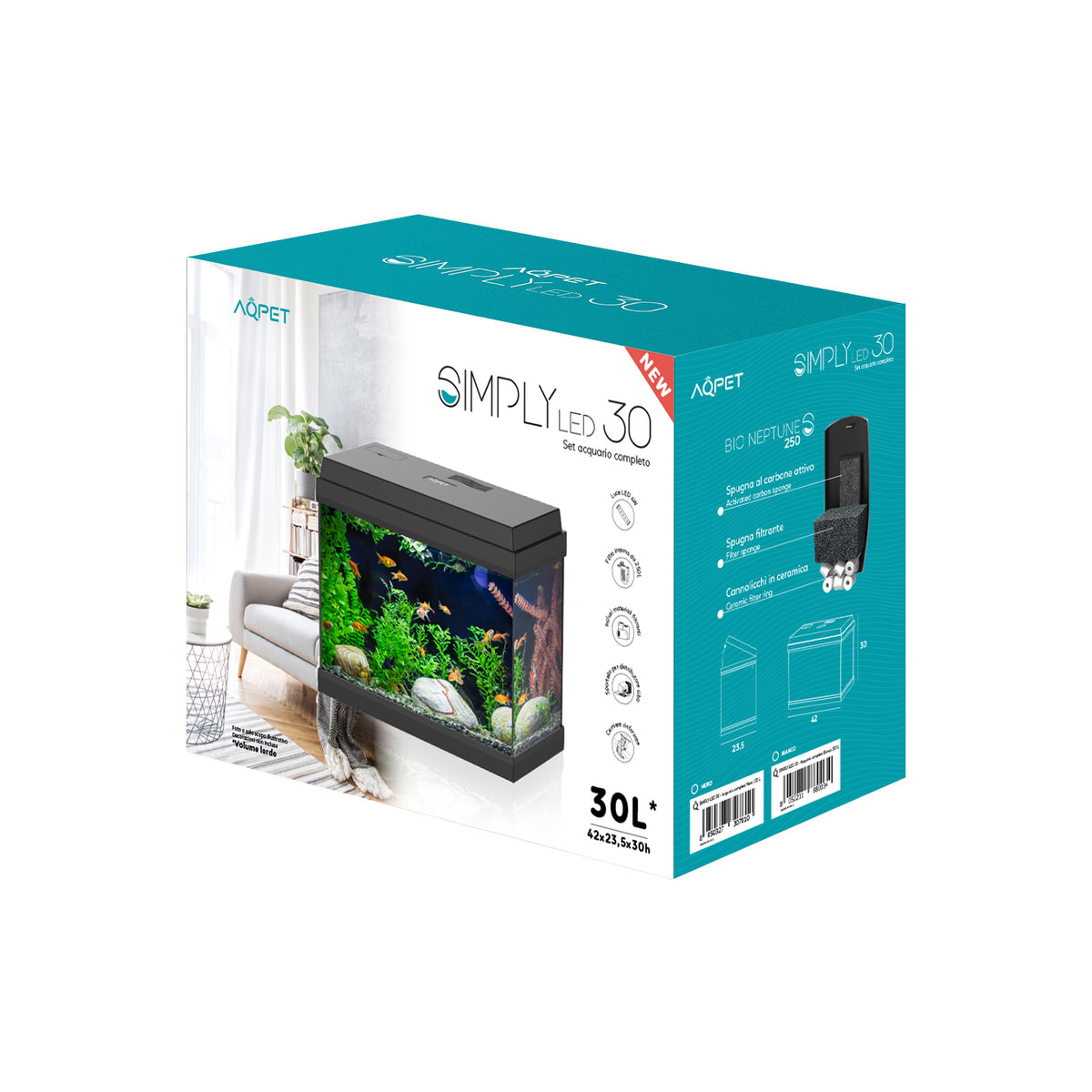 AQPET AQUARIUM SIMPLY LED 30 NOIR COMPLET AVEC ÉCLAIRAGE ET FILTRE - 39X22X30 H CM