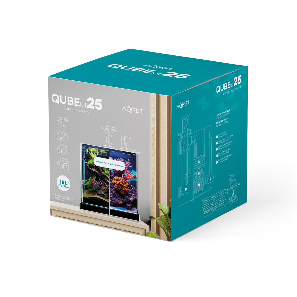 AQPET AQUARIUM EN VERRE QUBE 25 ENSEMBLE COMPLET ÉCLAIRAGE + POMPE + MATÉRIAUX FILTRANTS