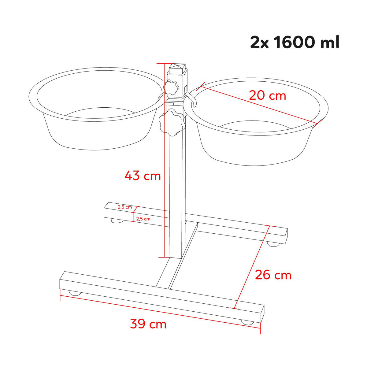 AQPET FRIENDS Gnammy Support H avec 2 écuelles surélevées en acier inoxydable, hauteur réglable, pour chiens, chats et petits animaux