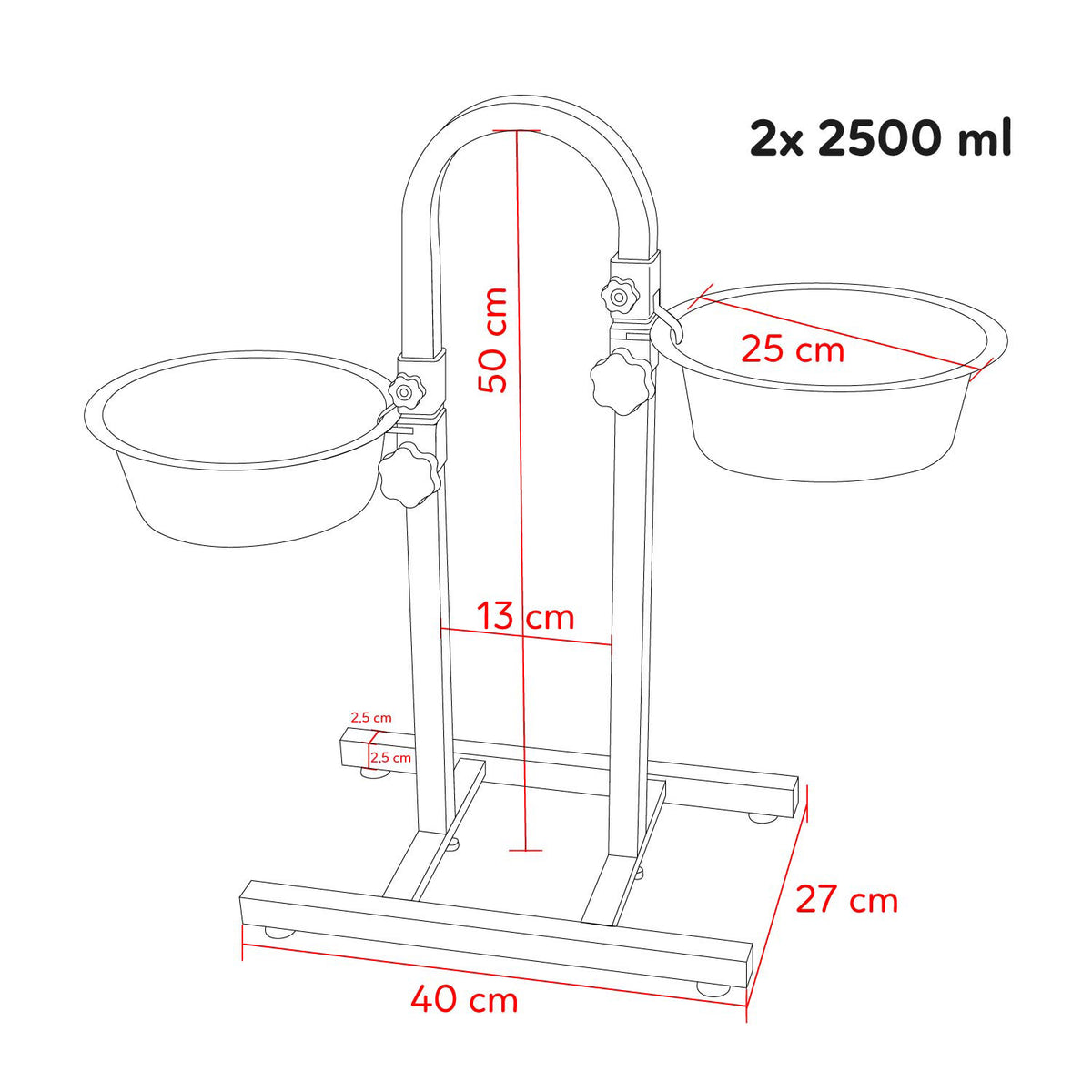 AQPET FRIENDS Gnammy Support U avec 2 écuelles surélevées en acier inoxydable, hauteur réglable, pour chiens, chats et petits animaux, 2x2500 ml, 25 cm