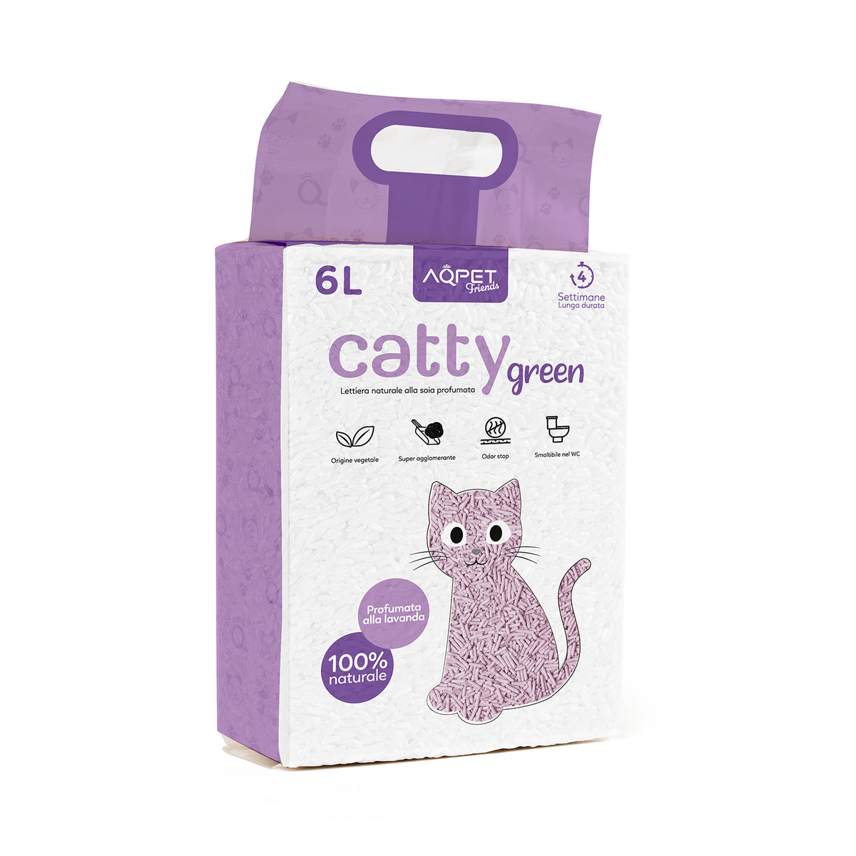 AQPET FRIENDS Catty Green litière pour chats à base de soja, parfum lavande, 6LT, super absorbante, anti-odeurs, hygiène du chat