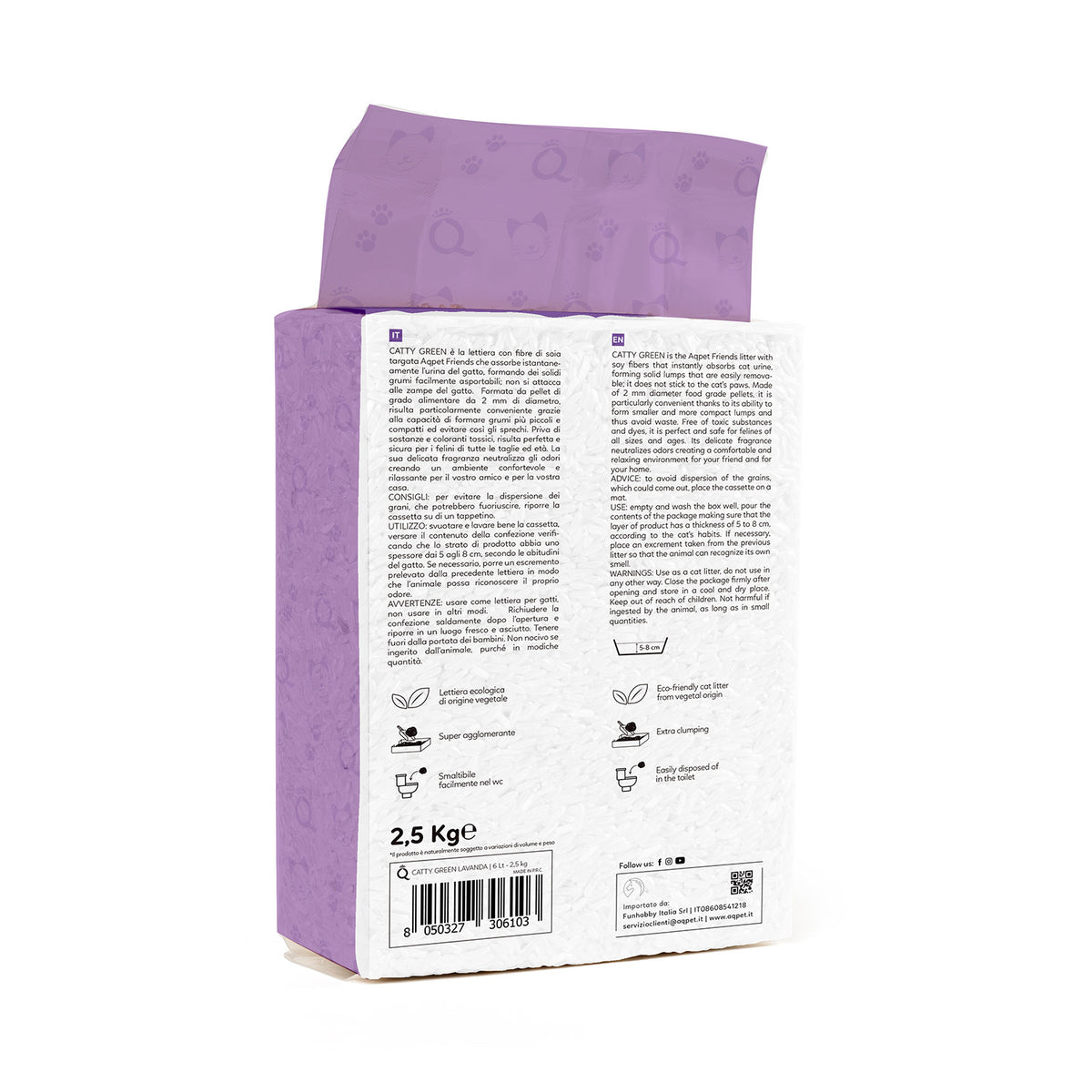 AQPET FRIENDS Catty Green litière pour chats à base de soja, parfum lavande, 6LT, super absorbante, anti-odeurs, hygiène du chat