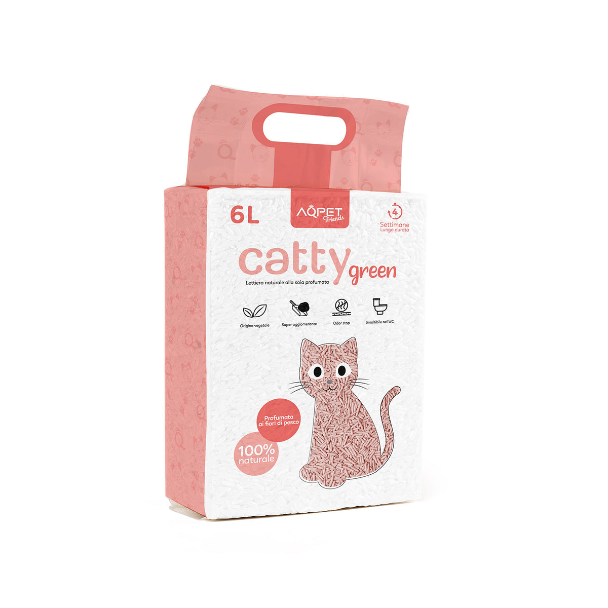 AQPET FRIENDS Catty Green litière à base de soja, parfum fleurs de pêcher, 6LT, pour chats, ultra-absorbante, anti-odeurs, hygiène féline