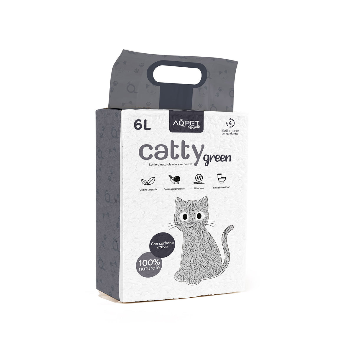 AQPET FRIENDS Catty Green litière à base de soja, parfum charbon actif, 6LT, pour chats, ultra-absorbante, anti-odeurs, hygiène féline