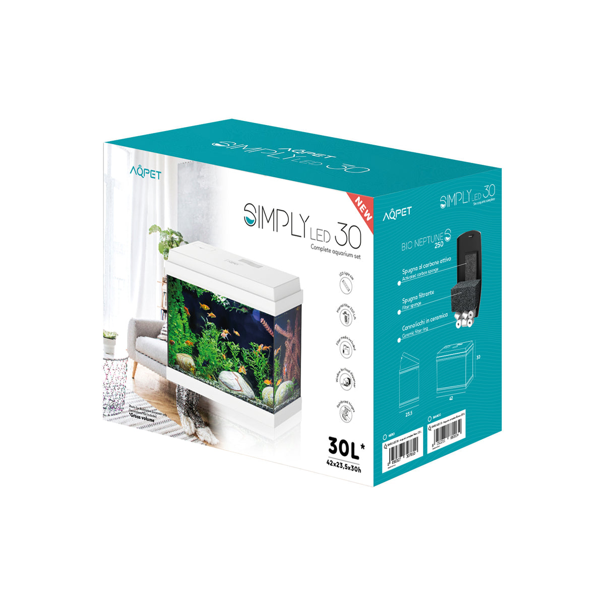 AQPET AQUARIUM SIMPLY LED 30 BLANC COMPLET AVEC ÉCLAIRAGE ET FILTRE - 39X22X30 H CM